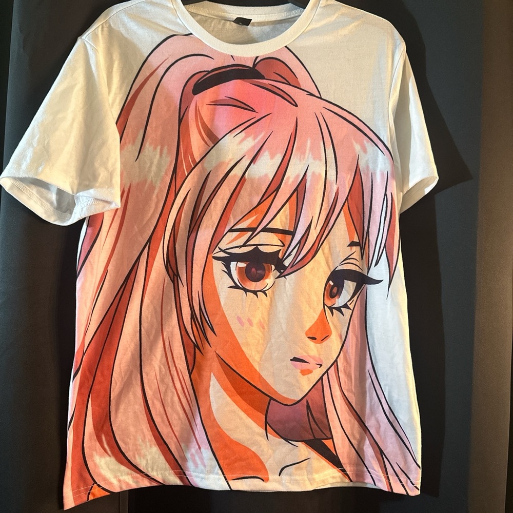 Anime Graphic T-Shirt- White and Pink. Oversized.